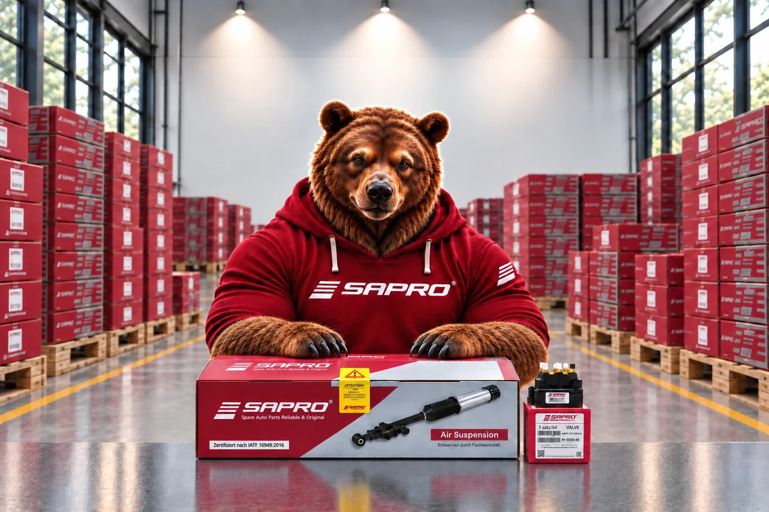 The SAPRO bear in a red SAPRO hoodie behind a boxed SAPRO air suspension strut and valve block, in a warehouse stacked with SAPRO boxes.